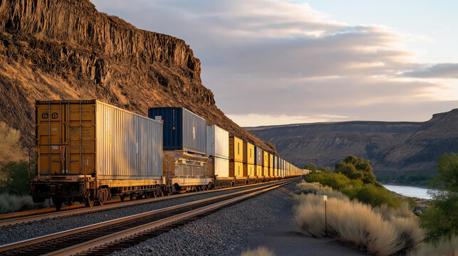 A freight train hauling containers for miles through remote wilderness, steel wheels echoing against cliffs as global logistics unfold in motion &mdash; heavy transport, supply chain imagery, and