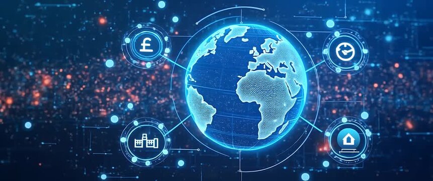 Cinematic animation of a digital globe slowly rotating with currency symbols, while the camera pans smoothly, amidst dynamic, glowing network lines and dots in a futuristic tech style.