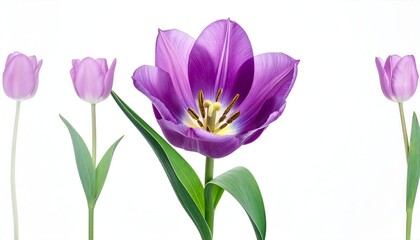 Fototapeta premium A linear composition of four purple tulip blossoms in varying stages of bloom, set against a pure white background. The center flower is open