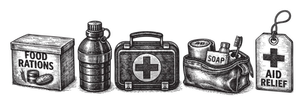 A scratchboard illustration displays essential aid supplies including food rations, water bottle, first aid kit, hygiene items like soap and toothbrush, and an aid relief tag.