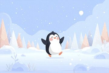 Obraz premium Cute penguin ice skating joyfully on frozen lake in winter landscape with snow falling and pastel colored trees under blue sky