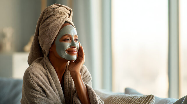Woman enjoying a spa day with a facial mask and a towel on her head. A woman relaxes at home with a face mask, promoting self-care and wellness