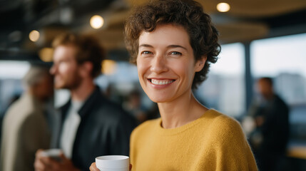 Office coffee break with people gathering near kitchen area, warm beverages, relaxed expressions, modern office design, social pause, collaboration and positive company culture representation