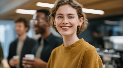 Office coffee break with people gathering near kitchen area, warm beverages, relaxed expressions, modern office design, social pause, collaboration and positive company culture representation