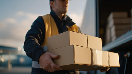 Industrial workers organize boxes already packed and carefully loaded onto a large truck parked outside the warehouse, highlighting logistics flow and freight distribution. cinematic color