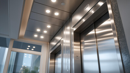 Office elevator interior with bright lighting and sleek design, calm enclosed space highlighting accessibility, safety standards, and modern business environment. cinematic color correction,