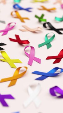 World Cancer Day video with multiple awareness ribbons for different types of cancer on a soft color background and copy space in 3D animation