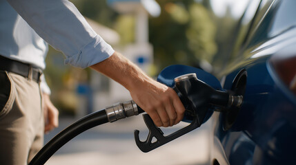 Obraz premium Fuel autogas pump gun in operation at a service station, hand activating the nozzle, illustrating alternative fuel distribution, energy transition, and automotive infrastructure. cinematic color