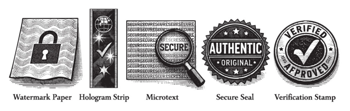 A collection of black and white graphic illustrations representing security features like a watermark paper, hologram strip, microtext, secure seal, and verification stamp.