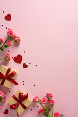 Soft vertical pink backdrop features fresh roses, red hearts, and wrapped gifts with red ribbons, conveying romance and love for Valentine's Day. Ideal for greeting cards, promotions, and gift ideas