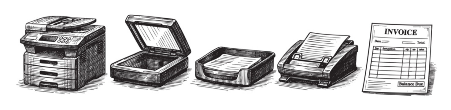 A vintage black and white illustration depicts a copier, open scanner, paper tray, dot matrix printer, and an invoice with "Balance Due," representing office business and accounting.