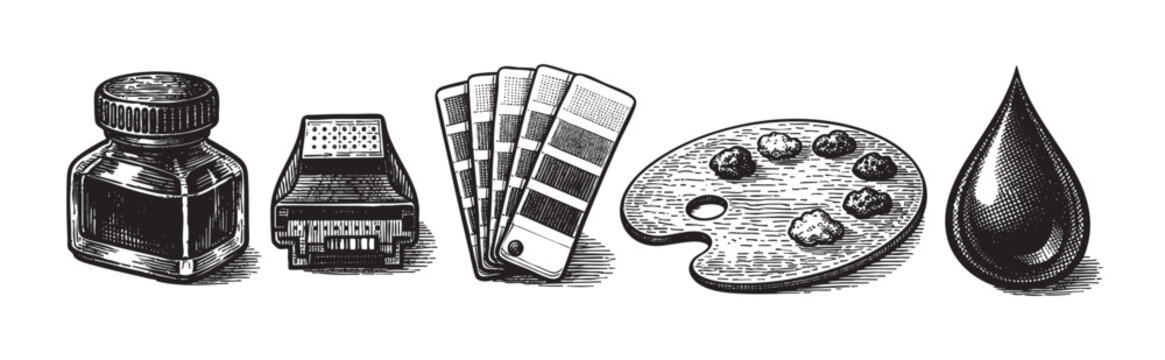 A collection of graphic design and art tools including an ink bottle, print cartridge, color swatch fan, paint palette, and ink drop in a vintage engraving style.