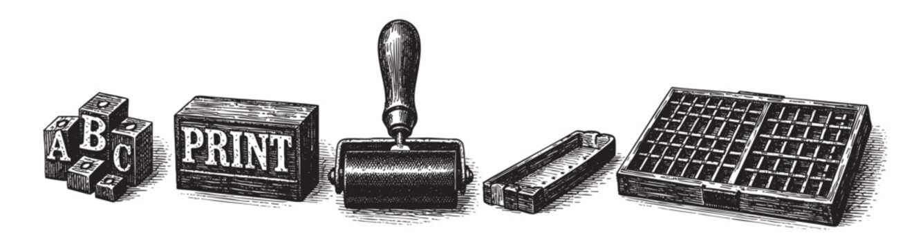 A collection of vintage letterpress printing tools, including alphabet blocks, a print block, a roller, and a type case, rendered in a classic woodcut style.