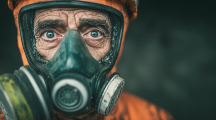 Worker in gas mask prepares for hazardous task at industrial site