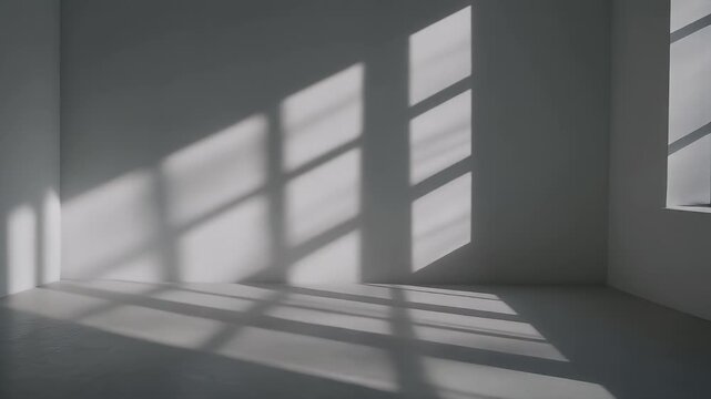An empty room with the natural light of a window creating strong rectangular shadows across the walls and floor, creating a sense of dimension
