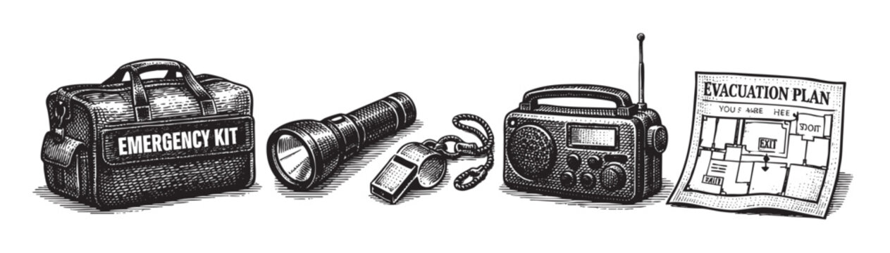 A black and white illustration depicts essential emergency preparedness items including a duffel bag, flashlight, whistle, radio, and evacuation plan.