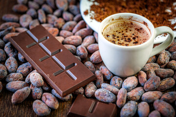 Cocoa drink, Chocolate bar Cocoa powder and beans, clos-up of Cocoa Products,
