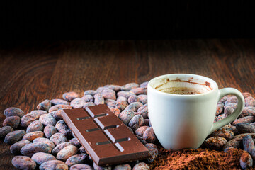 Cocoa drink, Chocolate bar Cocoa powder and beans, clos-up of Cocoa Products,