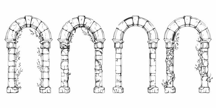 A series of ornate black and white arched doorways with botanical details