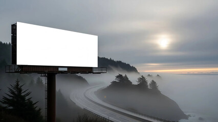 Large blank white billboard mockup standing over a foggy winding highway near the coast with misty forest and overcast sky
