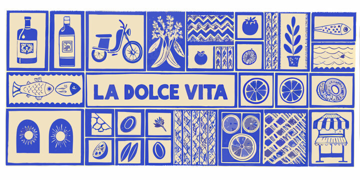 A vibrant blue and cream tiled design featuring italian motifs and la dolce vita