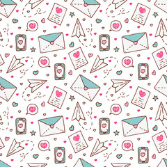 Seamless pattern with cartoon love letters, paper airplane, phone messages, and hearts. Vector background in the style of scribbles from romantic Valentines Day messages and stationery