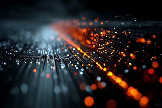 Abstract flowing data streams with orange and white glowing particles - Powered by Adobe