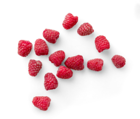 Vibrant Raspberries in Close-Up on a White Background. Top view of scattered raspberries isolated.