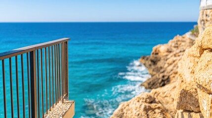 View of ocean waves from rocky coast near railing on clear sunny day