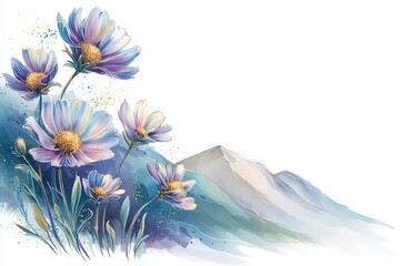 Illustration of purple alpine flowers in mountain landscape, soft watercolor style, peaceful nature scenery, spring atmosphere, isolated on a white background