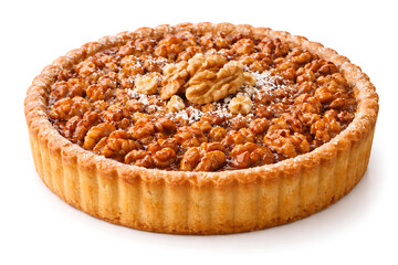 B&uuml;ndner Nusstorte, caramel walnut tart, full frame, white background