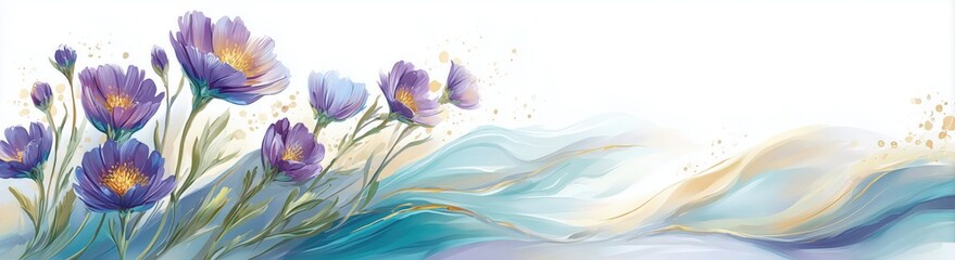 Illustration of purple alpine flowers in mountain landscape, soft watercolor style, peaceful nature scenery, spring atmosphere, isolated on a white background