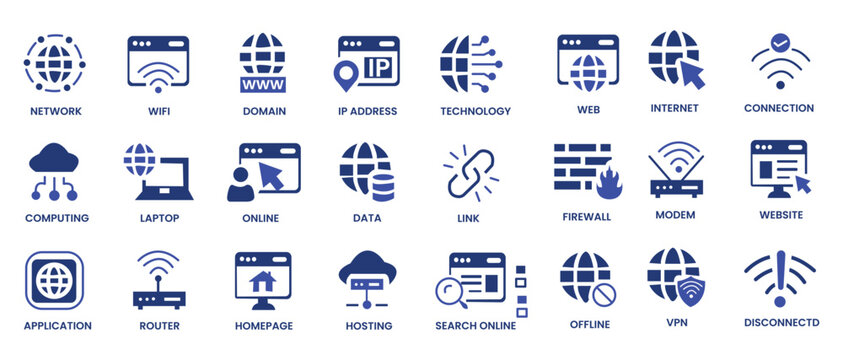 Internet icon set. Containing website, link, data, web, online, domain, technology, modem, VPN, hosting, connection and more. Solid vector icons collection. 