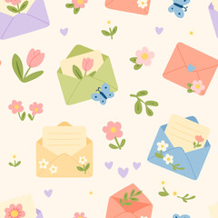 Seamless pastel vector pattern with cute envelopes, flowers, hearts and butterflies. Romantic spring design for stationery, wedding invites, greeting cards, wrapping paper and textiles