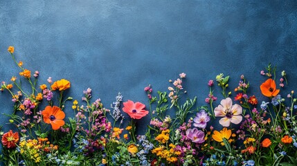 Vibrant summer flowers are arranged on a blue background in a studio setting, creating a colorful and lively seasonal display.