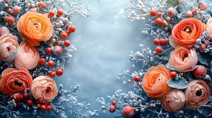 Vibrant orange flowers and red berries arranged in a frosty winter setting, creating a beautiful seasonal background with a mix of warm and cold tones, perfect for holiday or seasonal designs.