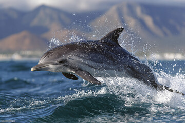 Obraz premium Dolphin jumping out of ocean water with splash near mountain coastline in bright daylight, showing marine wildlife action and natural aquatic environment
