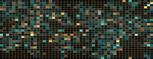 Fototapeta premium Dark mosaic grid background with glittering teal and gold square tiles