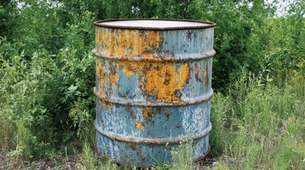 Obraz premium A heavily rusted and weathered metal oil drum stands forgotten outdoors amidst overgrown vegetation