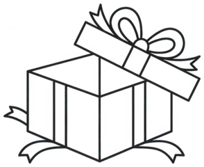 Valentine PNG, Open gift box line art illustration with ribbon and bow for coloring or icons