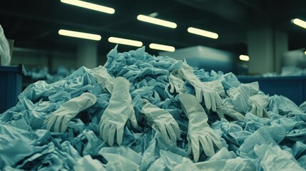 A large pile of discarded personal protective equipment including many white gloves is seen in a dimly lit indoor space with overhead lighting