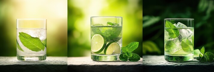 Refreshing mojito cocktail. Three glasses with sparkling water, fresh mint leaves, lime slices, and ice cubes on stone surface with green natural background