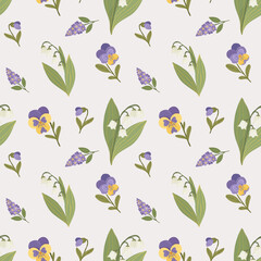 Spring flowers seamless pattern with pansies and lily of the valley, floral background, hand drawn vector illustration