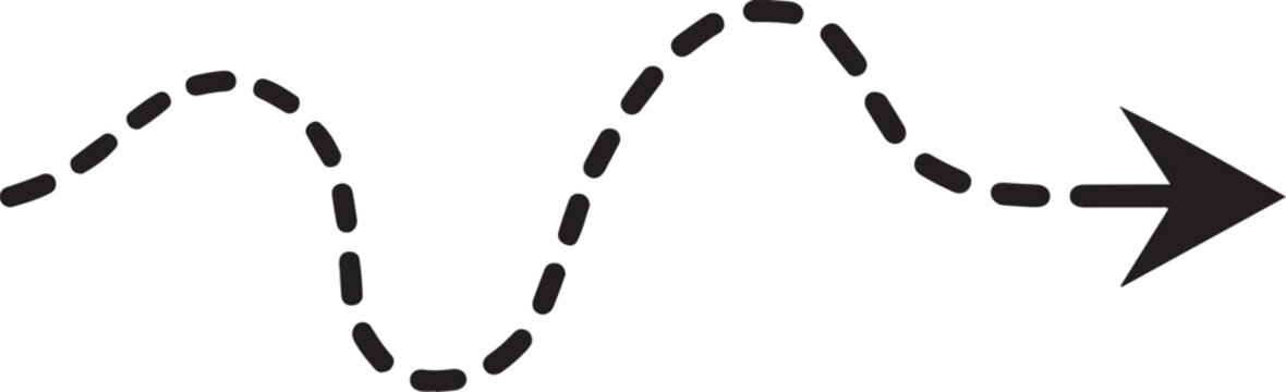 Long squiggle dashed, dotted line arrow vector icon. long dotted arrow icon vector illustration. Dashed lines. Direction, way or pointer. Black hand drawn wavy curve dotted arrow icon vector.

