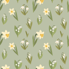 Daffodils and snowdrops seamless pattern, narcissus spring flowers background, hand drawn vector illustration
