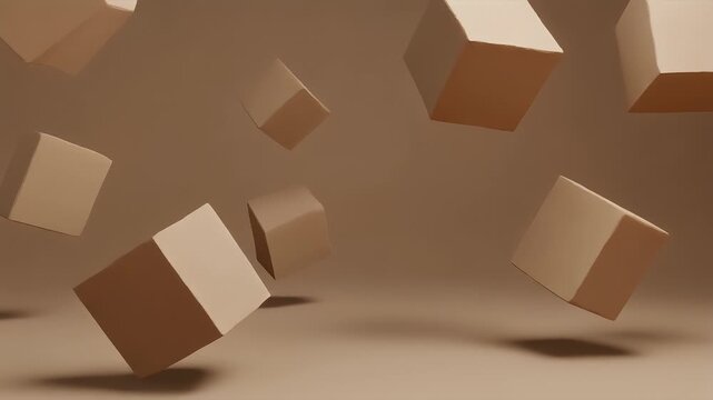 Floating cubes in a warm, neutral color palette create a modern, minimalist composition. Shadows enhance depth