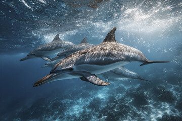 Obraz premium Dolphin swimming underwater with sunlight reflecting on their bodies in clear ocean water, showcasing marine wildlife in natural habitat with peaceful and graceful movement