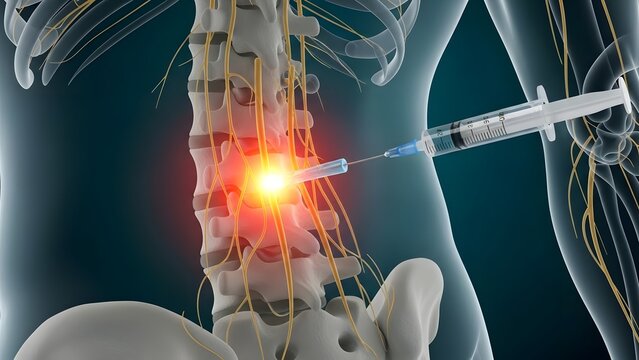 Medical syringe injecting medicine into human spine. Epidural anesthesia and back pain treatment. Needle entering spinal cord area for nerve block or orthopedic surgery procedure