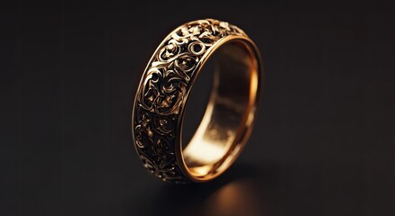 Intricately designed gold ring with ornate floral patterns, cast against a dark background