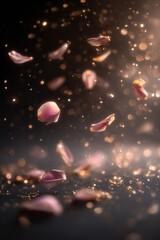 Delicate rose petals floating in romantic golden light, soft blush pink and champagne bokeh against elegant black backdrop